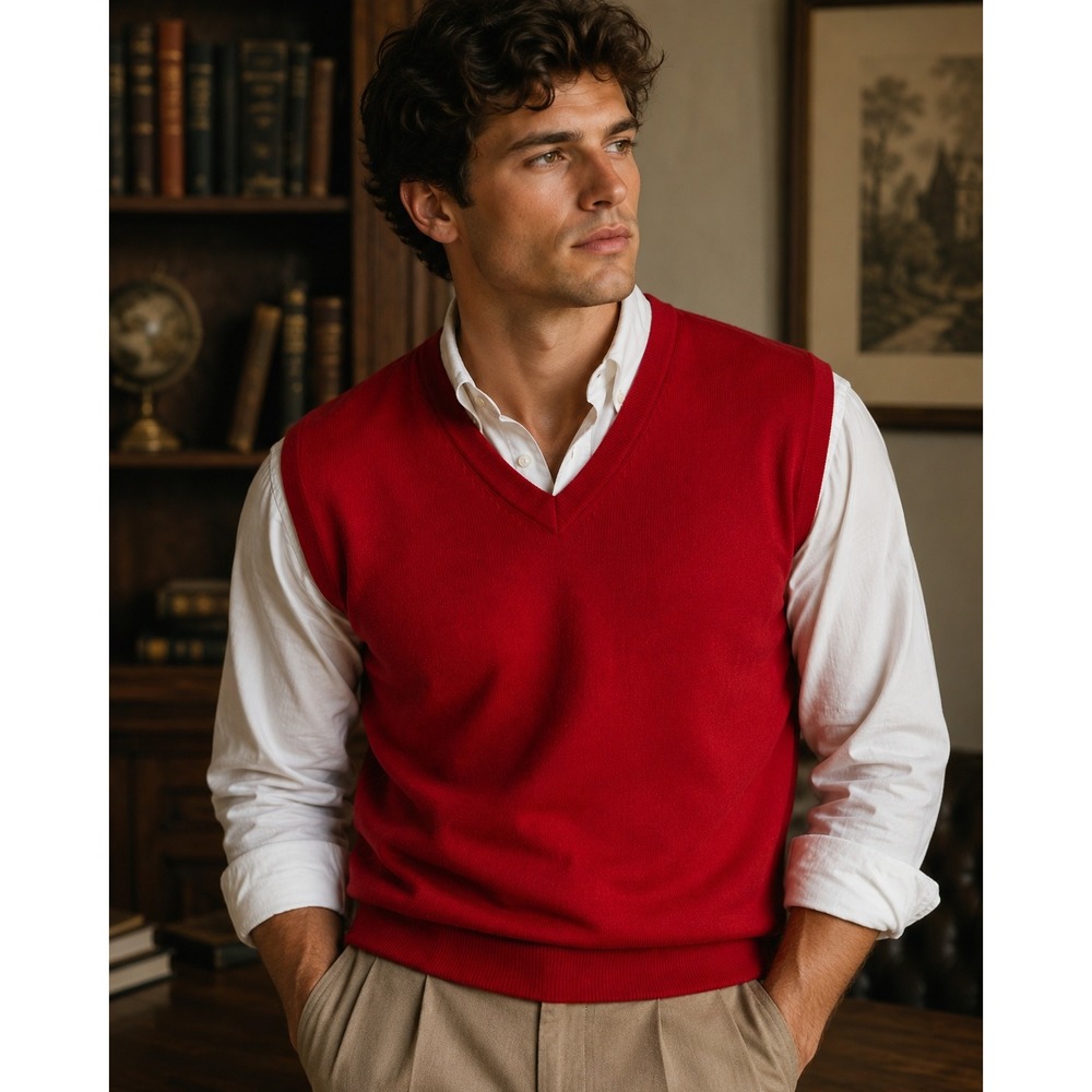 Turnbury Mens Red Extra Fine Merino Wool V-Neck Sweater Vest Large